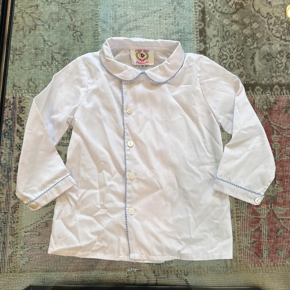 Beautiful White Button-Up Shirt with Embroidered Blue Trim